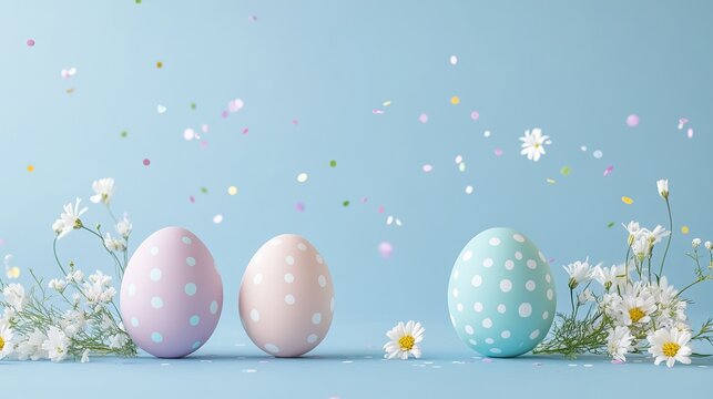 Easter eggs decorated with polka dots and white flowers, placed on a peaceful blue background with colorful confetti floating in the air, perfect for Easter themed greetings, minimalist design.