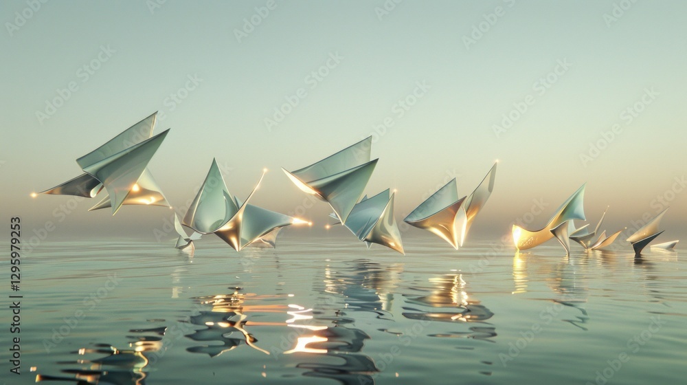 Poster abstract surreal shapes floating in the air, with glowing lights and sharp edges.