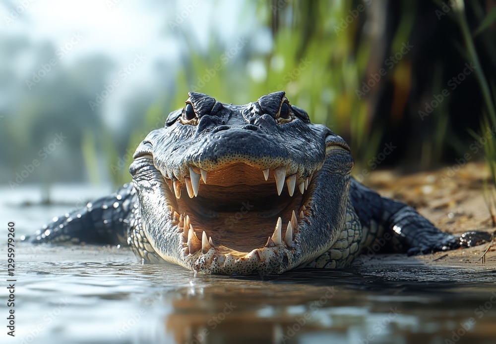Poster close-up view of a powerful alligator with open mouth displaying sharp teeth in a natural wetland ha