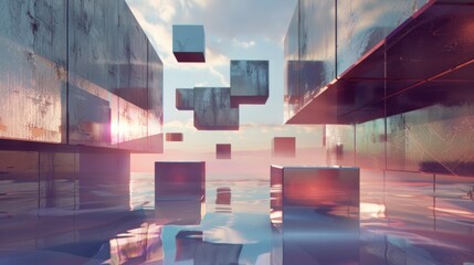 An image of floating geometric shapes distorting reality in a dreamlike environment.