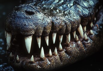 Obraz premium Close-Up View of a Powerful Crocodile Head Showcasing Sharp Teeth and Textured Skin in a Natural Aquatic Habitat