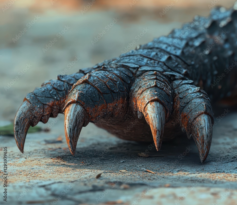 Poster close-up view of a powerful reptile claw with sharp talons and textured scales highlighting the beau