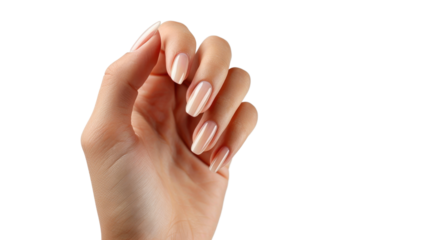 Woman hand showing manicure on transparent background