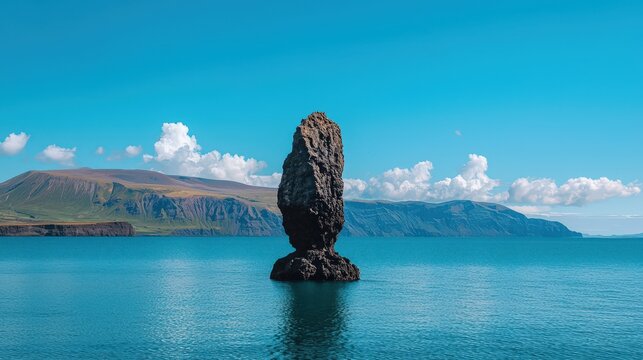 A solitary rock formation standing in the middle of the water