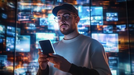 A man engages with the metaverse, surrounded by an animated stream of interfaces showcasing social media, e-commerce, influencers, and games. A vivid visualization of the web's dynamic network.