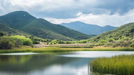 Scenic landscape photograph featuring a tranquil lake surrounded by mountains and greenery, showcasing nature, travel, and outdoor adventures