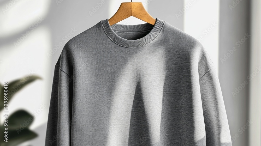 Poster a cozy gray sweatshirt is displayed on a wooden hanger, illuminated by soft, natural light filtering