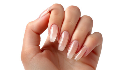 Woman showing long ballerina shaped nails with transparent background