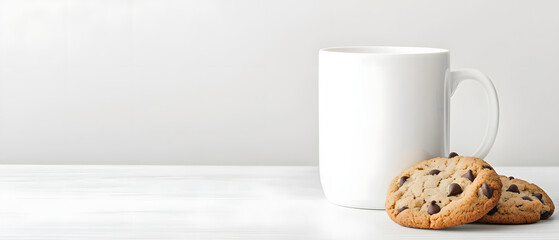 minimalist setting featuring white coffee mug and chocolate chip cookies evokes cozy atmosphere. Perfect for relaxing moment or sweet treat