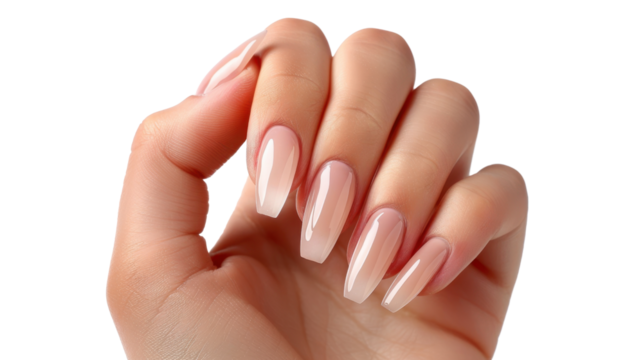 Woman showing long ballerina shaped nails with transparent background