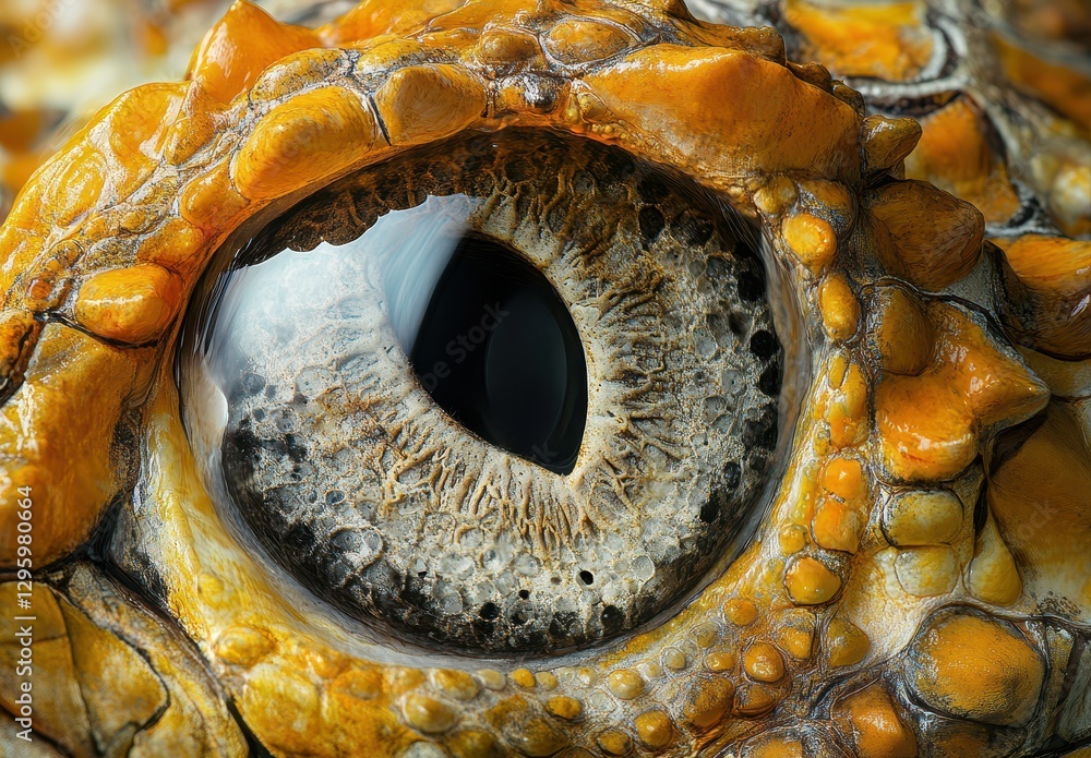 Aufkleber close-up view of a reptile eye featuring intricate patterns and textures in vibrant yellow and brown