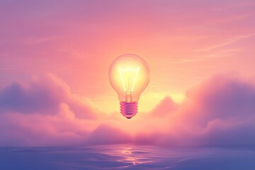 A bright light bulb floats high above water and clouds at sunset
