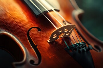 Fototapeta premium close-up of a violin string’s taut surface, gleaming ebony wood, faint golden dust, soft bow hairs graze, warm musical tension, serene artistic detail.