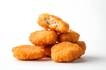 Crispy chicken nuggets stacked on white background, showcasing golden brown exterior and bite taken out of one, revealing tender interior