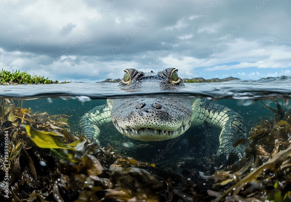 Poster close-up view of a reptile in a water environment surrounded by seaweed and natural elements under a