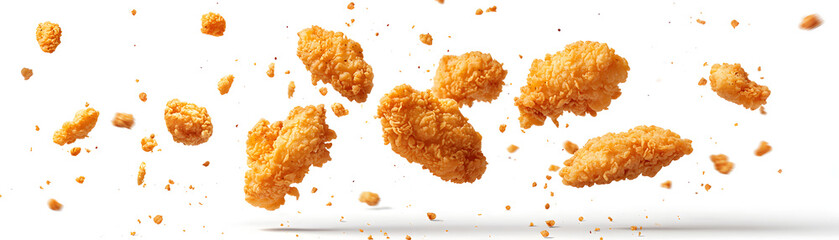 Crispy fried chicken tenders falling dramatically, showcasing their golden texture and crunchy coating. Perfect for delicious meal or snack