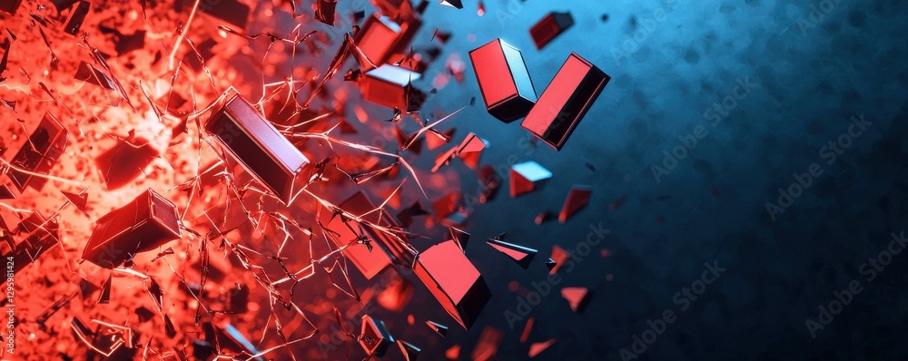 Poster impact effect economic concept. abstract explosion of red and blue fragments with dynamic motion.