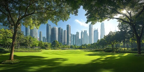 Obraz premium Lush green park with a skyline of modern skyscrapers under a clear blue sky