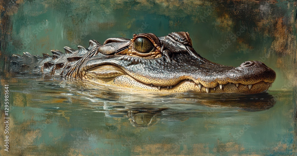 Poster close-up view of a serene alligator swimming in calm waters with detailed textures and expressions o