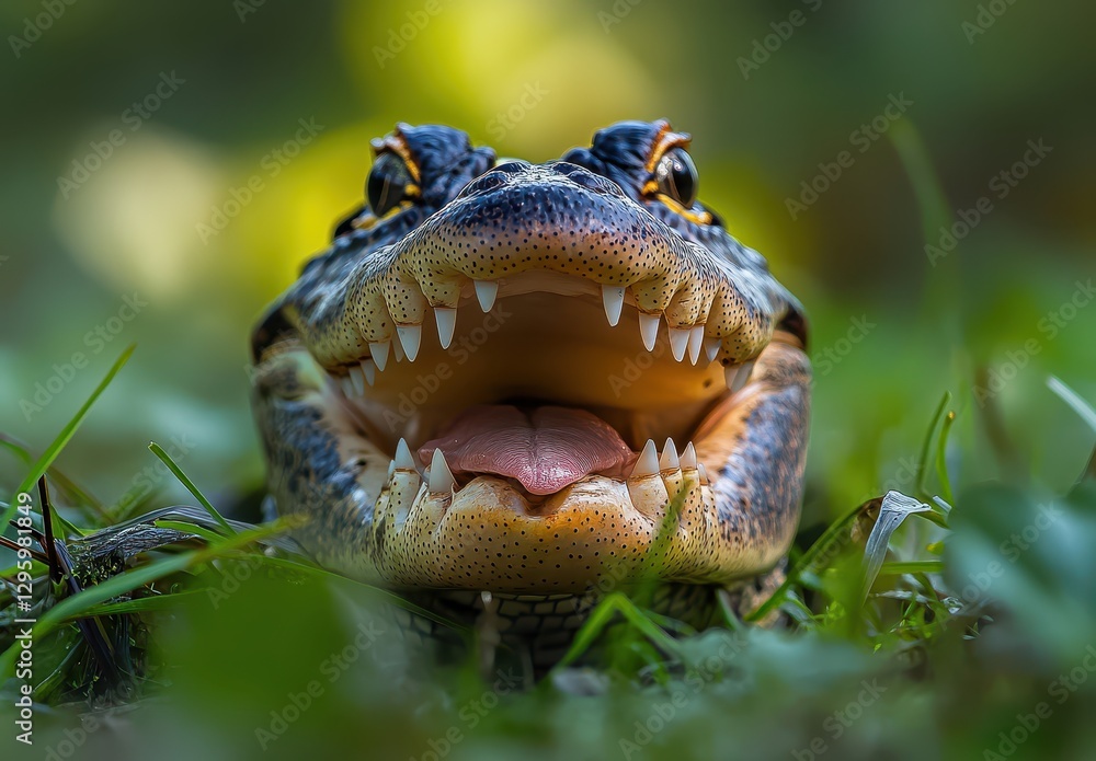 Poster close-up view of a smiling alligator with sharp teeth among lush green grass in a natural habitat se