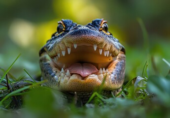 Obraz premium Close-up View of a Smiling Alligator with Sharp Teeth Among Lush Green Grass in a Natural Habitat Setting