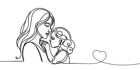 Happy Mother day card. Continuous one line drawing. Woman hold her baby. Vector illustration