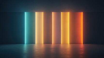 A series of neon colored lights are lined up in a row
