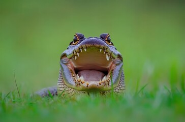 Obraz premium Close-Up View of a Smiling Crocodile with Sharp Teeth Displayed in a Natural Green Environment During a Sunny Day