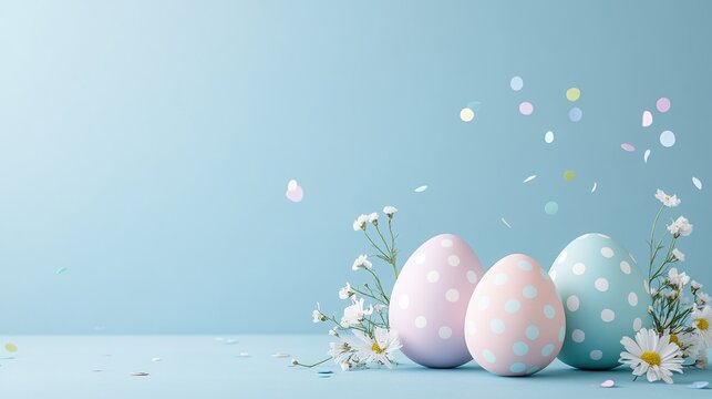 Easter eggs decorated with polka dots and white flowers, placed on a peaceful blue background with colorful confetti floating in the air, perfect for Easter themed greetings, minimalist design.