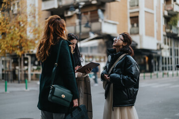 A group of three women interacts on a city street during daytime, engaging in conversation and...