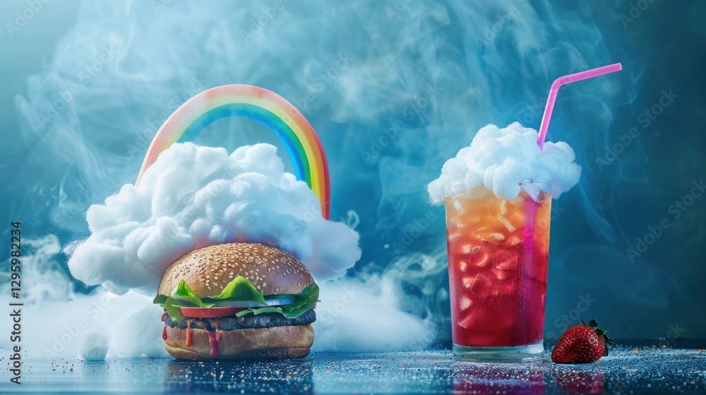 Poster An impossible meal with a burger made of clouds and a drink in the shape of a rainbow.