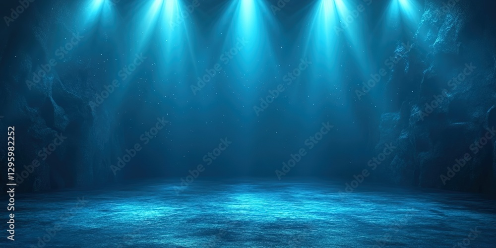 Poster blue lighting illuminates an empty stage with a mystical atmosphere in a dimly lit setting