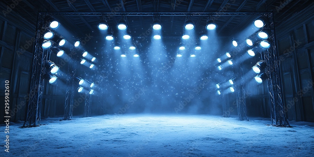 Poster dramatic lighting and mist create an enchanting atmosphere in an empty stage setting