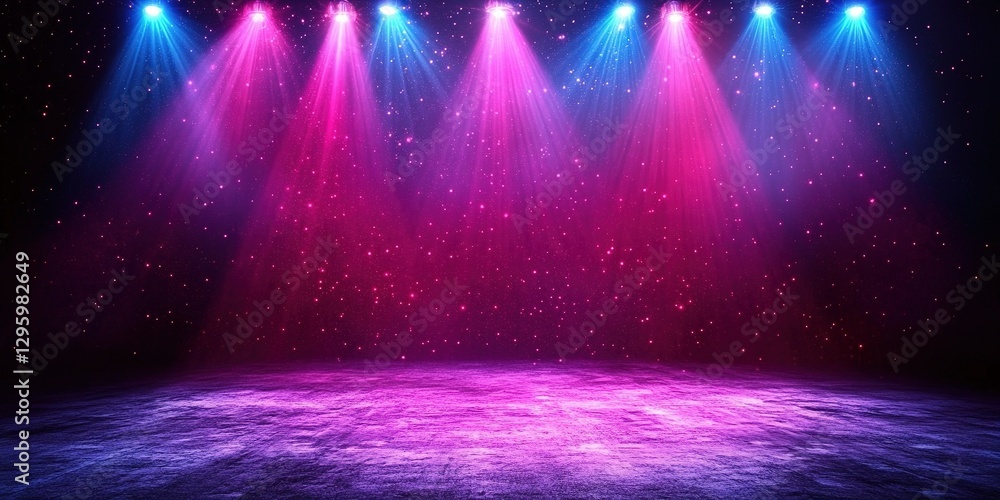 Poster vibrant stage lights illuminate an empty performance space with a colorful backdrop during evening h
