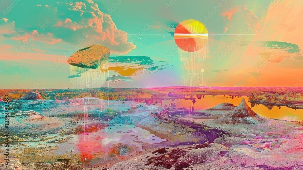 Poster a digital artwork with glitchy floating objects and a surreal landscape in neon colors.