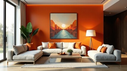Modern living room interior design with vibrant orange walls, featuring a comfortable sectional sofa, stylish coffee table, and abstract artwork depicting a serene waterway at sunset.