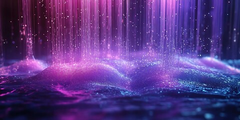 Colorful waterfall creates a mesmerizing spectacle over rippling water at night in an artistic display