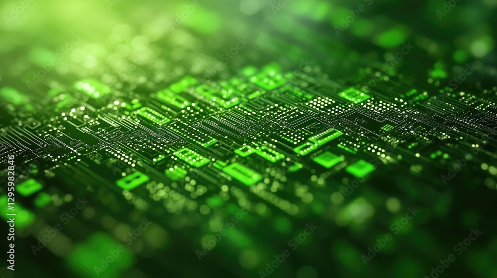 Poster close-up of a vibrant green circuit board with intricate patterns and glowing elements, representing