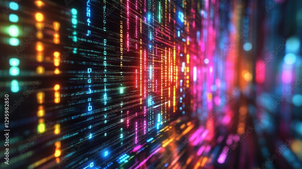 Poster Vibrant abstract representation of a digital data stream with glowing lines and binary code, symbolizing technology and innovation.