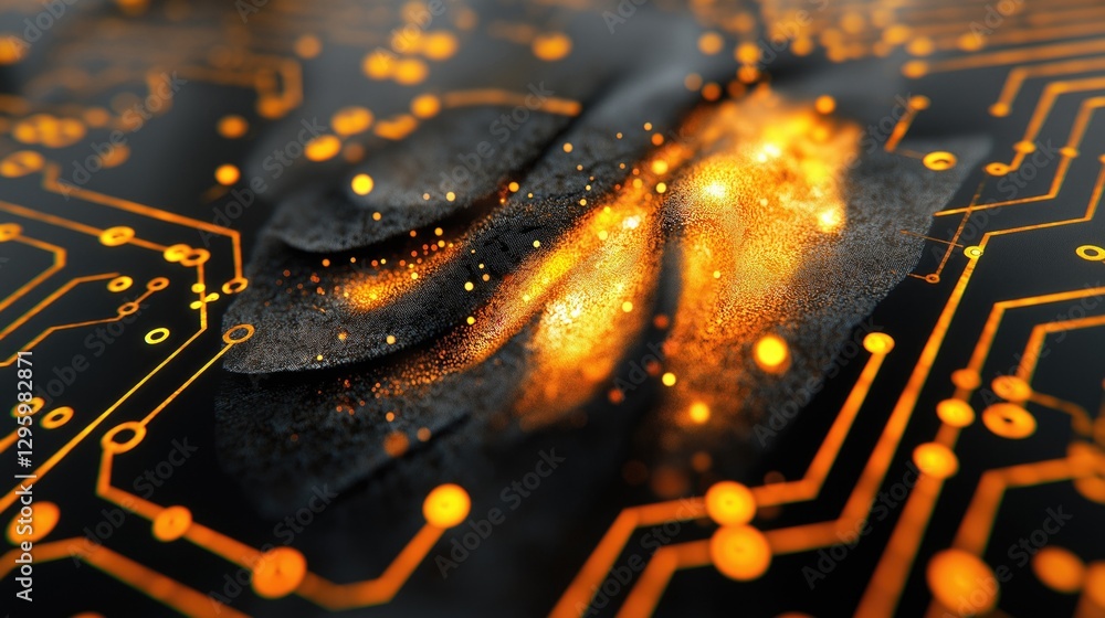 Poster close-up of an abstract digital circuit design with glowing orange elements, representing technology