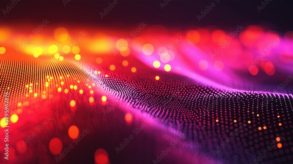 Poster vibrant abstract background featuring flowing waves of colorful lights and bokeh effects, creating a