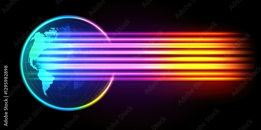 Poster colorful abstract representation of a speeding globe with vibrant light rays in a dark background