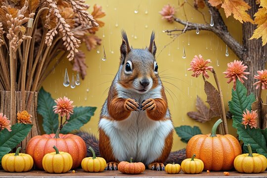 Whimsical Autumn Harvest Squirrel Wallpaper in Soft Pastel Colors with Light Yellow Background and Raindrop Design