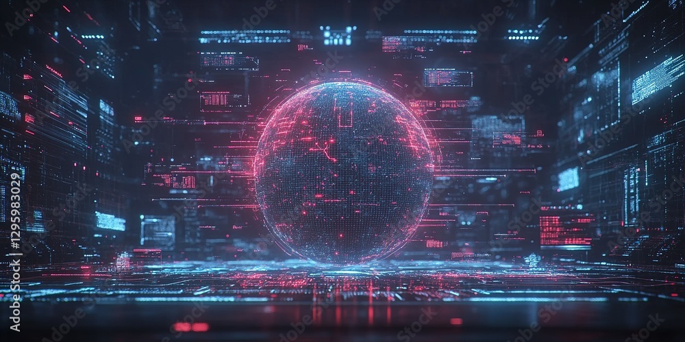 Poster futuristic digital landscape with holographic globe and glowing data streams in a high-tech environm