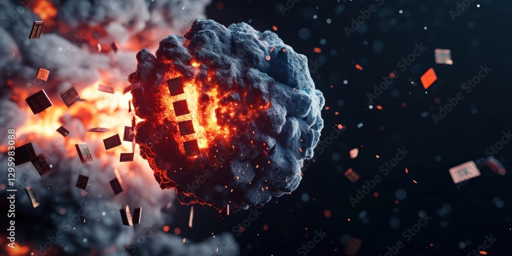 Poster impact effect economic concept. explosive digital rendering of a fiery object with floating particle