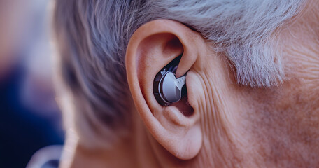Close-Up of an Elderly Person's Ear with a Modern Hearing Aid Device