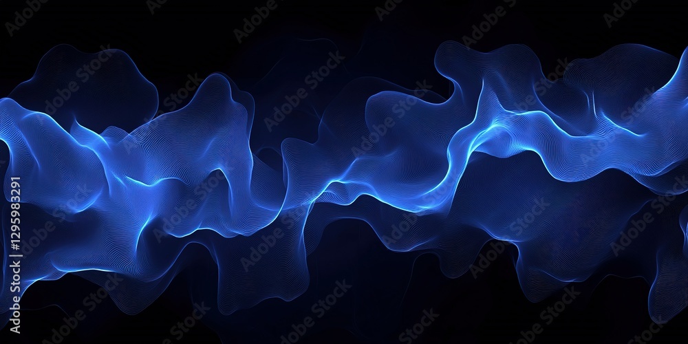 Poster flowing blue waves create a mesmerizing digital landscape of abstract shapes and patterns in a dark 