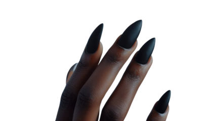 Woman showing long black pointed acrylic nails on transparent background