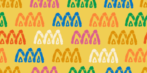 Colorful Mountains in Bohemian Style with Grunge Texture and Bold Brush Strokes. Repeatable background with abstract crayon shapes. Doodle ethnic motifs 