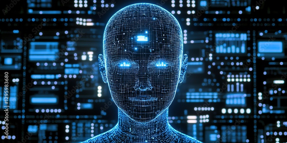 Poster digital humanoid with glowing features in a technology-driven environment showcasing advanced comput